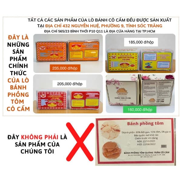 Cảnh giác sản phẩm giả, nhái thương hiệu bánh phồng tôm Quãng Trân Cô Cấm trên thị trường
